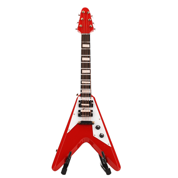 Miniatyr elektrisk gitarr med stativ Röd trä Mini musikinstrument Replika dockhus modell dekoration