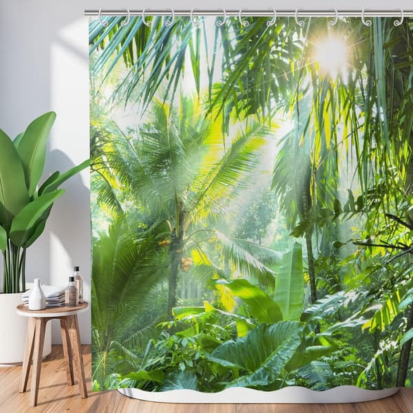 Badeforhæng, 100% polyester, vandtæt og skimmelresistent, tropisk bladdesign til badeværelset, grøn, 180 x 200 cm