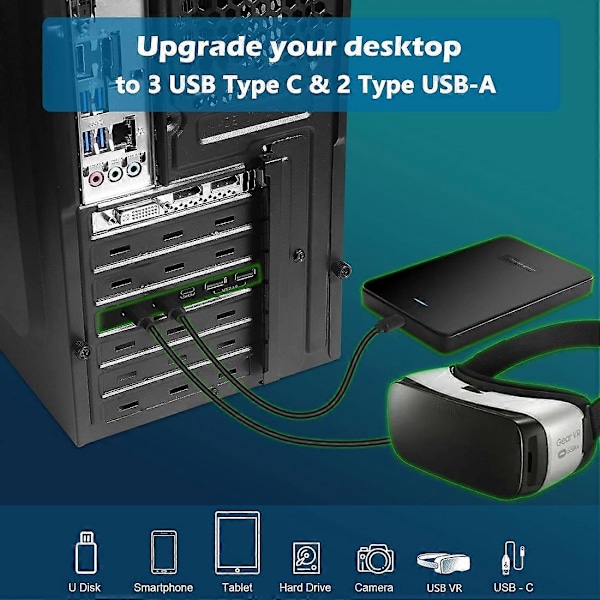 PCIe-laajennuskortti 5 porttiin (3x USB C, 2x USB 3.0-A) PCI Express -laajennuskortti Windows 10/8/.pa -käyttöjärjestelmille