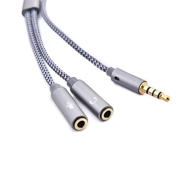 3,5 mm hodetelefonsplitter 2 i 1 hann- til kvinnelig nylonstrikket 3,5 mm lydsplitter for telefon bærbar PC-nettbrett Sølvgrå