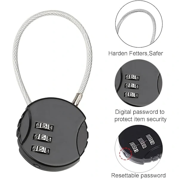 Combination Lock, 3 Digit Resettable Combination Padlock, Small Combination Cable Lock for Suitcase Luggage Locker (Black)