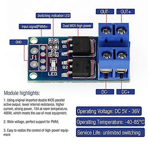 30 stk. MOSFET Switch Drive Module DC 5V-36V 15A (Max 30A) 400W Dual High-Power 0-20KHz PWM DC Motor S.pa