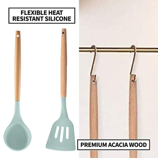 2-pack, lättstädade köksredskap i trä, Soppslev + spade (sjögrön)