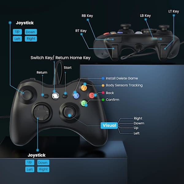 Paris_Kablet Xbox 360-controller, spilcontroller til 360 med dobbelte vibrationer Turbo kompatibel med Xbox 360/360 Slim og PC Windows 7,8,10 Sort
