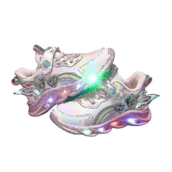 Piger Led Casual Sneakers Elsa Prinsesse Print Udendørssko Børn Lysende Skridsikre Sko til Forår og Vinter-yzy Pink T 27-indersål 16.8cm_paris