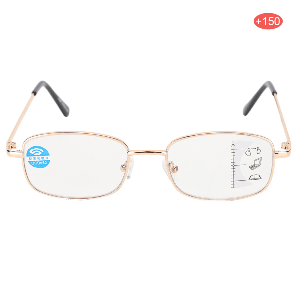 Multifokale presbyopiske briller Blått lysblokkerende lesebriller for menn kvinner (+150 gull)