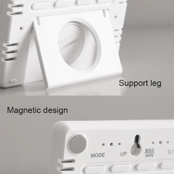LCD digital klocka med temperatur- och luftfuktighetsdisplay, magnetisk väggmonterad skrivbordsväckarklocka för hem, kök, kontor, vit