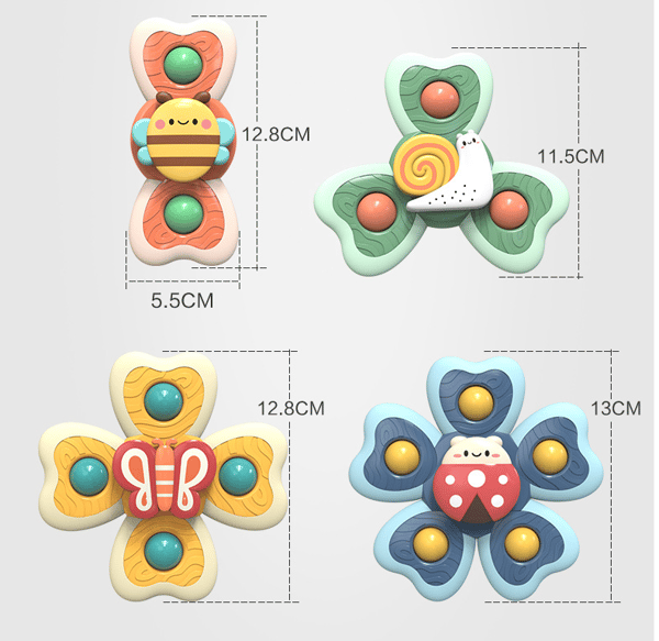 Sugkoppsspinnleksaker, söta djursensoriska fidgetleksaker för bad, resor och babylek, ABS-silikon, 4-pack