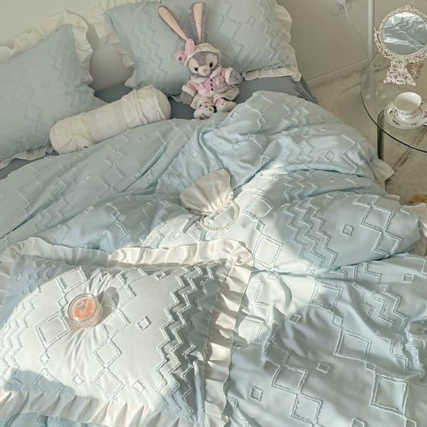 Blødt sengetøjssæt med blonde dekoration Hudvenligt børstet stof Princess Sengetilbehør Blå 1,8 meter sengnederdelsæt