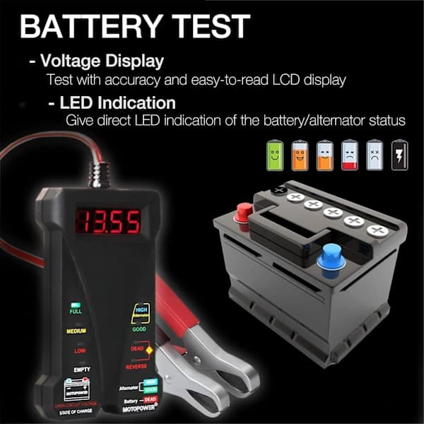12V Digital Batteritester Voltmeter og Generator Opladningssystem Analysator med LCD-display og LED-indikering, Sort gummimaling