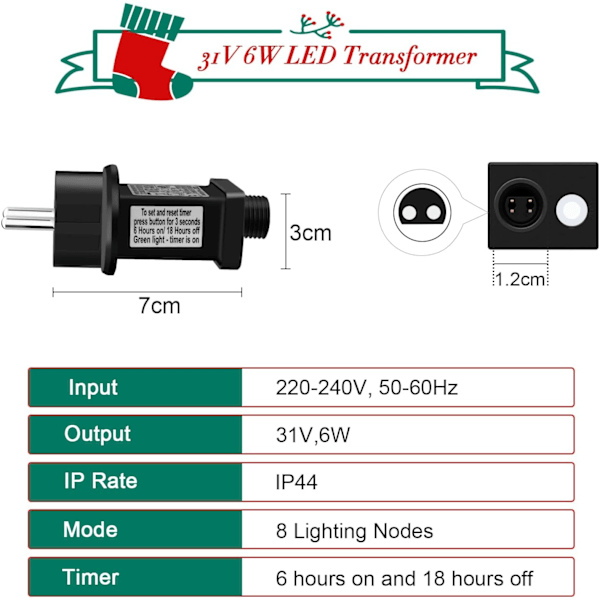 Transformatorplugg for julebelysning, 31 V LED-strømadapter med timer, minne, 8 moduser, IP44 vanntett strømadapterkontroll for juletre