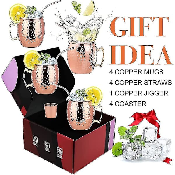 Kopparmugg Set med 4 Kopparmuggar, Kopparmugg för Moscow Mule Cocktail, 47 cl Presentförpackning