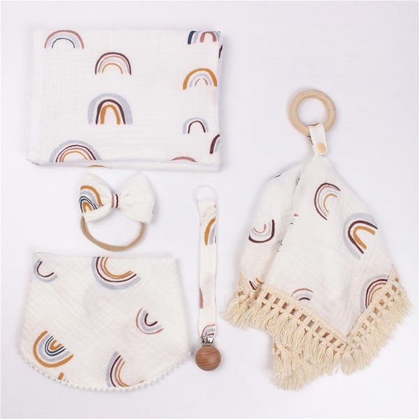 Baby 5-delars set för nyfödda - Mjölkburk, Rapduk, Topp, Lugnande filt, Salivhandduk, Nappklämma, Hänge, Babyhårband XINGX