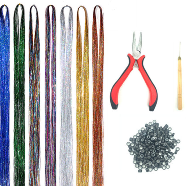 120cm Hår Tinsel Strands Kit 12 Färger 200st Silikonringar Färgat Silke Set