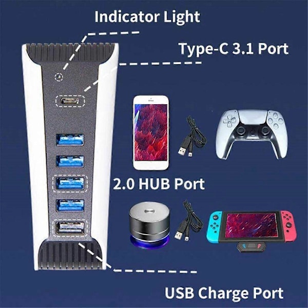 6-in-1 USB-keskitin pelikonsolille, 5 USB A + 1 USB C -porttia, USB-jakaja, nopea adapteri .pa
