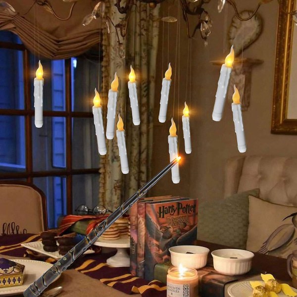 Flytande ljus med trollstav Fjärrkontroll, 12-pack LED flamlösa flimrande stickljus Batteridrivna Harry Potter flytande ljus för Halloween White