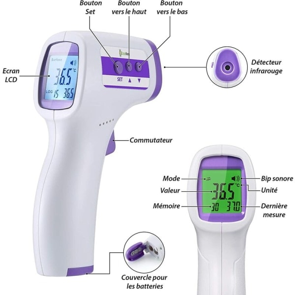 Pann termometer infraröd termometer för vuxna, kontaktfri termometer, LCD-display, minnesfunktion, infraröd termometer för barn, vuxna, objekt