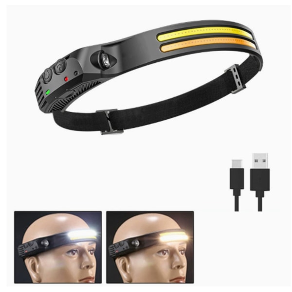 Hodelykt Oppladbar, 1000 Lumen 230° Bred Stråle Super Lys Hodelykt med Håndsfrisensor, LED Hodelykt 1500mAh IPX5 Vanntett Le Two white lights yellow light