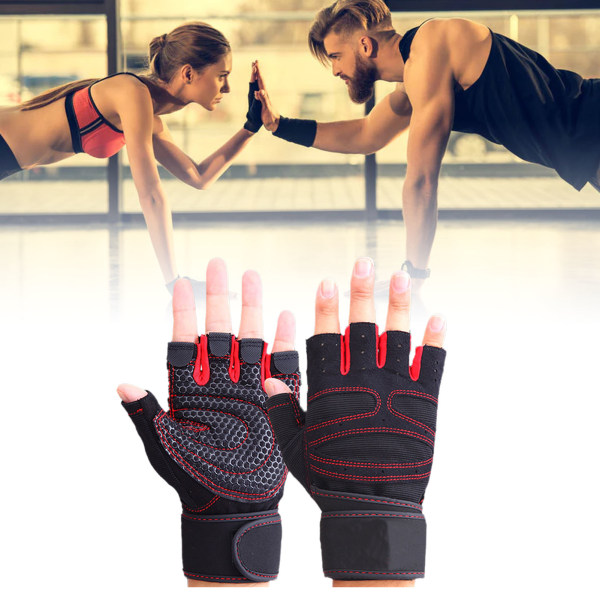 Fitnesshandsker Forhindrer glidning Åndbar Fingerløse Mænd Kvinder Træningshandsker med Wrist Wrist til Vægtløftning Gym Rød