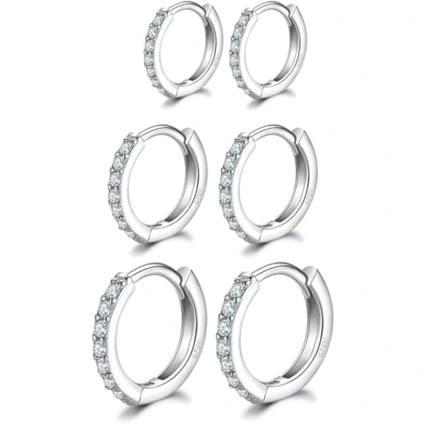 3 paria pieniä hopeisia rengaskorvakoruja naisille, Sleeper Huggie -saranoilla