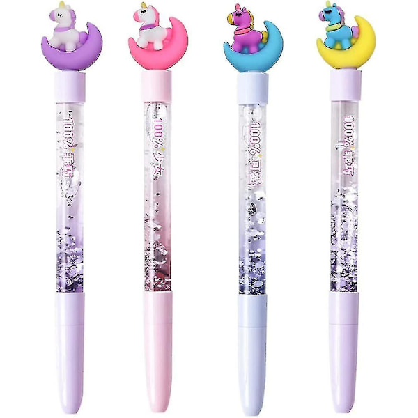 Xiannv 4 st Söta Enhörningspennor Brevpapper Set, Flerfärgad Glitter Flytande Sand Penna För Flickor Pojkar Barn Presenter, Svart Bläck, 0,5 Mm -