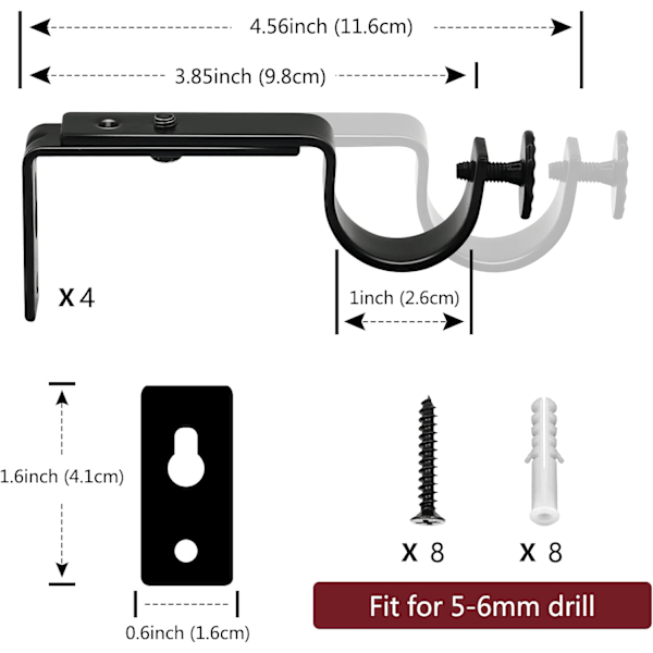 Justerbara gardinstångsfästen, svarta metallfästen för gardinskenor, kraftiga gardinstångshållare för 25mm-28mm gardinstänger, 4-pack