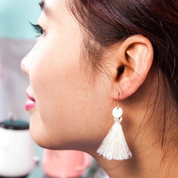 Stilige kvinners legering, lange dusker øredobber Drop Circle Ear Accessories (Hvit)