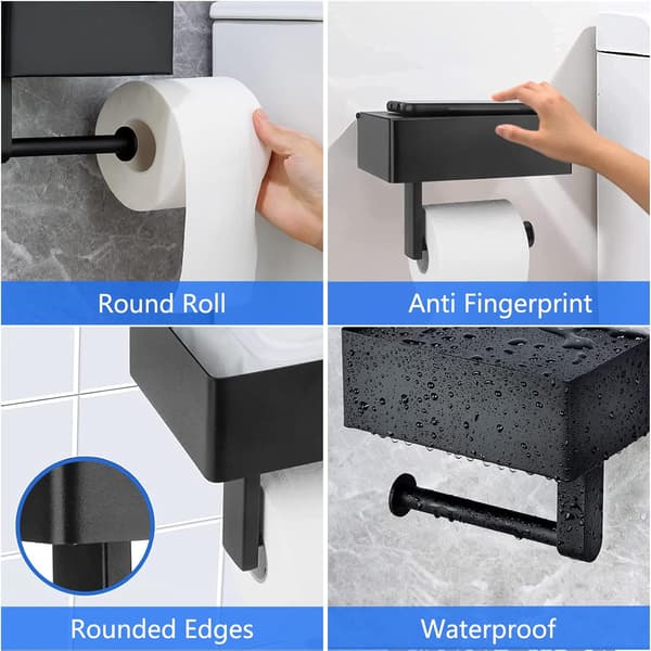 Toiletpapirholder - Sort rustfrit stål - Med vådservietholder - Selvklæbende montering - Til badeværelse og køkken