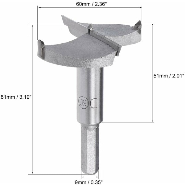 Forstner-poranteri 60mm, volframkarbidinen puu rei'än saha poranterä, puuntyöstö saranat reiän poraus tylsä kaiverrus leikkuri (harmaa) KLB