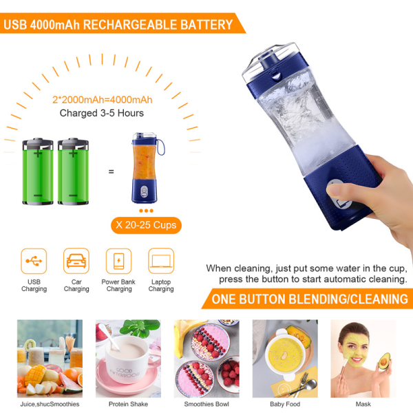 Blå Mini Bärbar Blender, Personlig Storlek Elektrisk Fruktblandning USB Uppladdningsbar Elektrisk Fruktmixer Juicer Baby Travel 380ml,6 Blads Blender