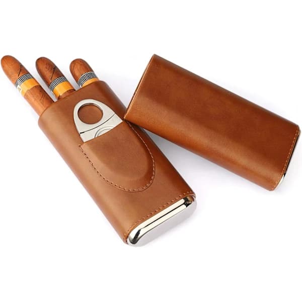 Högkvalitativ tre-finger humidor i brunt läder med cederfoder