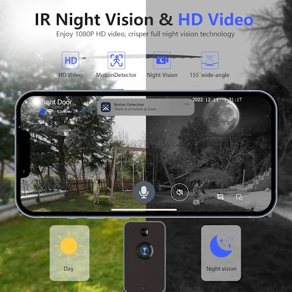 Trådløs Dørklokke med Kamera, HD-Video, To-vejs Lyd, PIR-Bevægelsesdetektering, IR-Nattesyn, 2.4G WiFi, Cloud-lagring