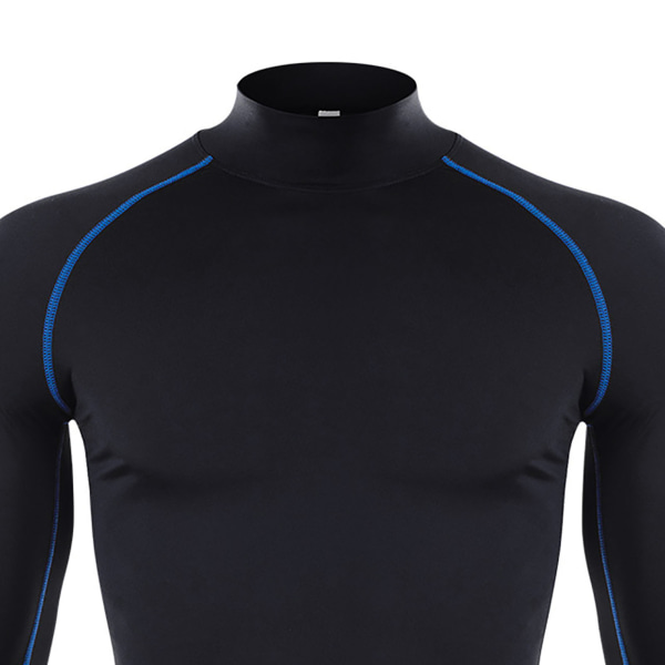 Herrskjortor med hög elastisk kompression Långärmad sporttröja för atletisk träningströja Svarta och blå linjer L