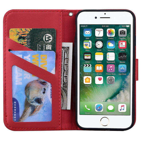 Kompatibel iPhone SE 2020/8/7 Case Stødsikker Sjov 3D Dyre Kat Flip PU Læder Sød Magnetisk Lukning Stativ Cover - Rød null ingen.pa