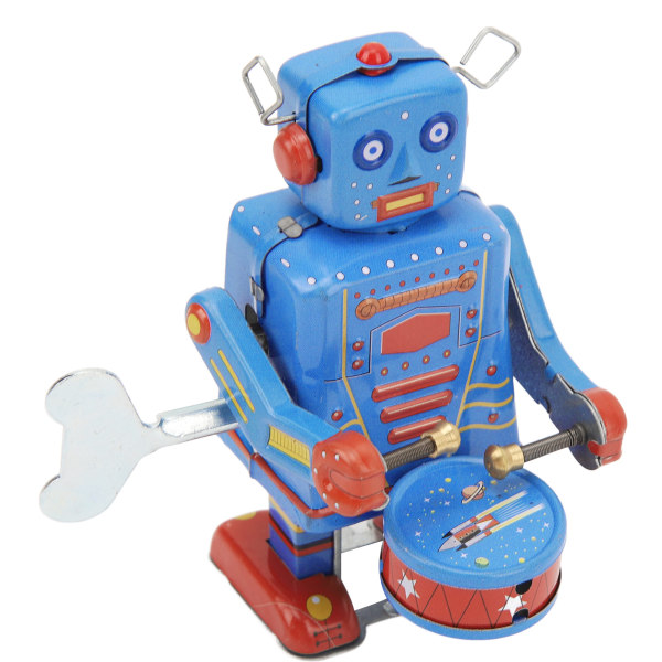 Clockwork trommerobot leketøy tinnplate Retro håndlaget tromme opprullingsrobot for barn Voksenkolleksjon
