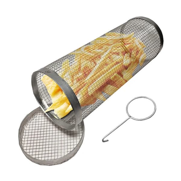 Rundt BBQ-grillkurvsæt, rustfrit stål non-stick netrulle med gaffel til udendørs grillning, 20 x 9,5 CM