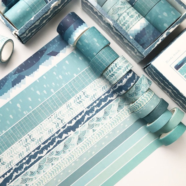 Washi Tape Set med 12 ruller, Blue Sea Wave dekorative Washi