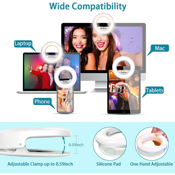 Selfie Ring Light, Clip-on Ring Light [Genopladelig] med 3 Farver & 40 LED, Dæmpbar Selfie Light til Telefon, Tablet, Laptop, Zoom-møde（PA）