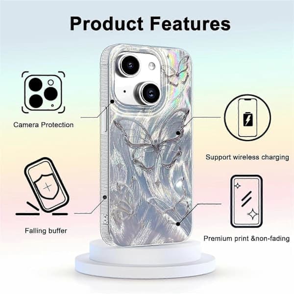 Trendy Butterfly Pattern Slim TPU Case for iPhone 15 - Shiny Silver, Shockproof & Stylish Cover Compatible with iPhone 15