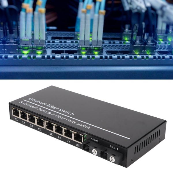 Tx1310nm RX1550nm Ethernet-kuitukytkin 2 optinen portti 8 sähköportti Jopa 20 km yksimuotokuitulähetin-vastaanotin 100-240V EU-pistoke
