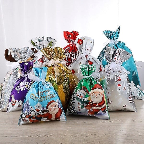 10x Juleposer Gjenbrukbare Store Julegaveposer med Snøring Blå 24*32cm