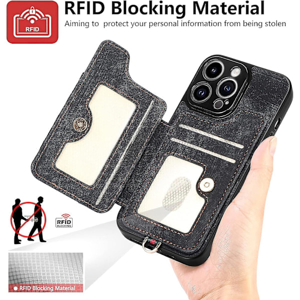 RFID-beskyttende tegnebogsetui Kortholder Ringstativ Mobiltelefonetui til iPhone 15 Pro/15 Pro Max 15 Ultra med håndledsrem Sort Blac...
