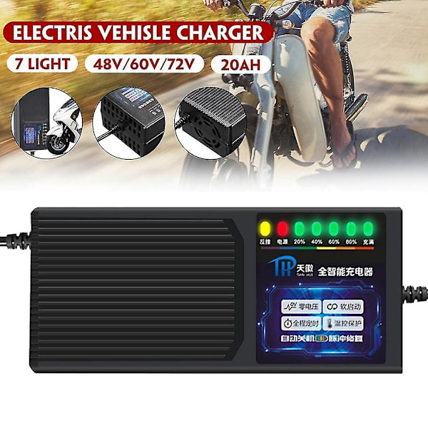60V 20Ah Elektrisk Kjøretøylader Med 7-Siffer Display Strømbryterbeskyttelse Blysyrelader