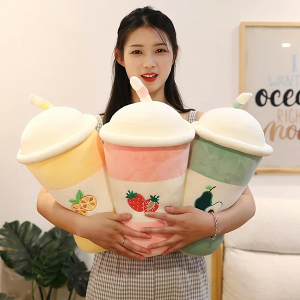 Söt Avocado Citron Jordgubbs Te Dryck Plysch Leksak Frukt Kudde Kawaii Bubble Tea Kudde Kreativ Dekoration 25cm -gul leende