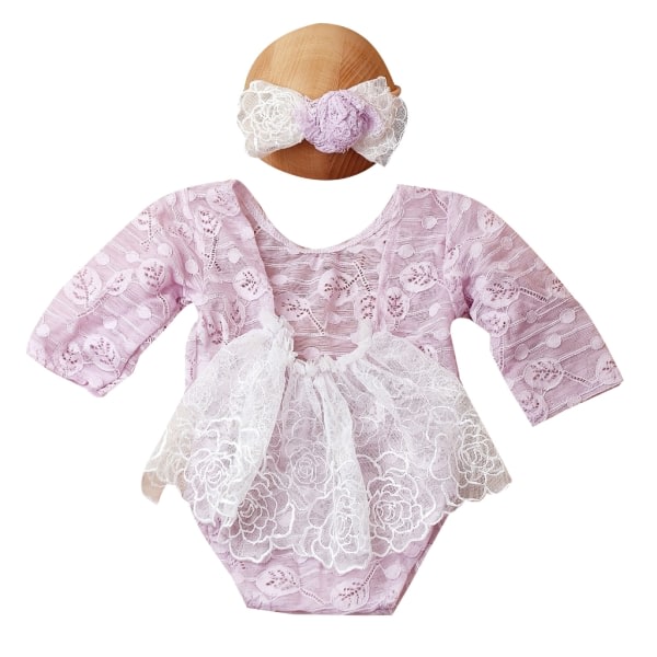 Nyfödd fotorekvisita Rosett Pannband & Spets Jumpsuit Baby Kläder Huvudbonad Rygglös Triangel Romper för nyfödd