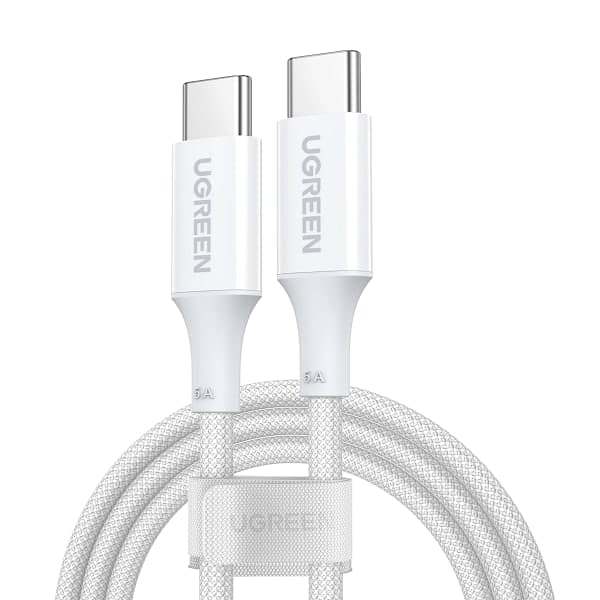 Flettet USB-C-kabel PD 100W 5A 480Mb/s 1m hvid