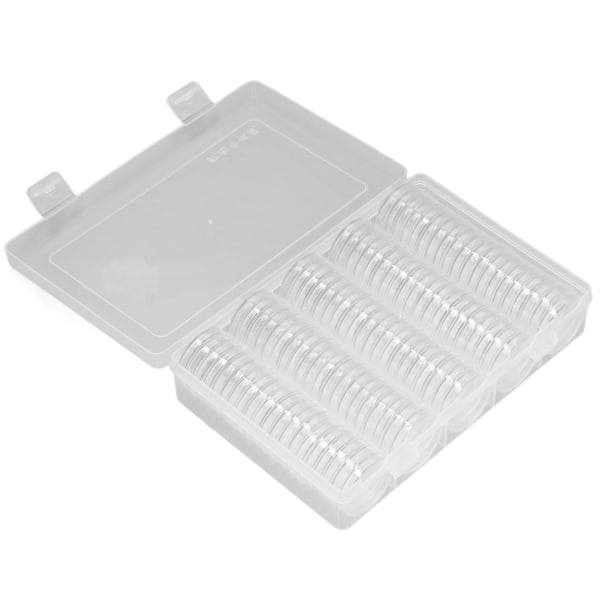 Kolikkoteline 100 kappaletta muovinen läpinäkyvä kolikon säilytyslaatikko kolikkokapseleineen kolikkokokoelmanäyttelyyn