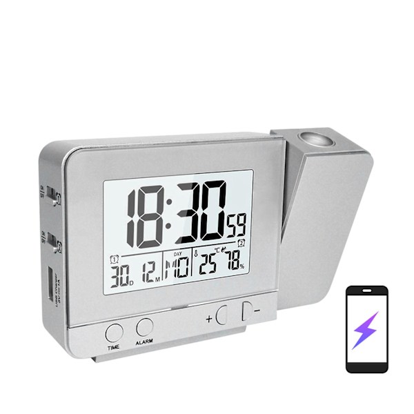 Projektionsvækkeur til soveværelse med termometer Hygrometer Digital projektionsur til loftet Dæmpbar LED-skærm med USB-oplader 180° drejelig med Dua (PA) Silver