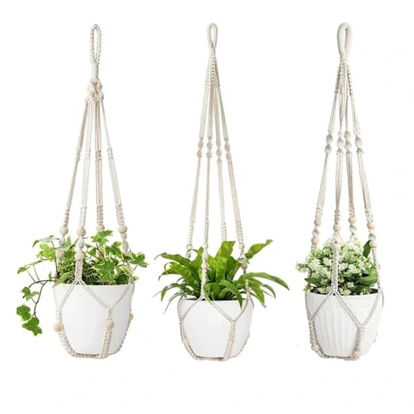 Makrame Växthängare Set Flätat Bomullsrep med Pärlor och Spets för Inomhus Utomhus Heminredning Vit 3-pack white 3PCS