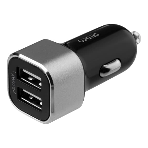 USB biloplader, 2x USB-A, 2.4 A, total 17 W, sort/sølv